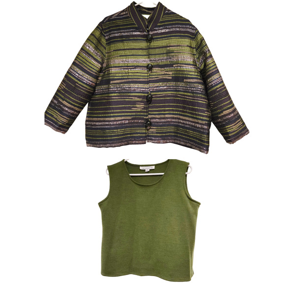 Caroline Rose 2-Piece Metallic Jacquard Button-up Jacket & Wool Camisole Set-LP - Picture 1 of 9